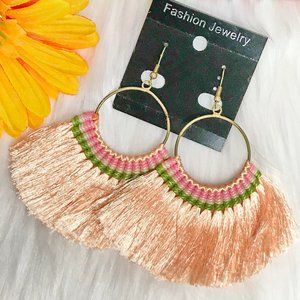 Boho Earrings Fan Tassel Hoop Drop Dangles Peach